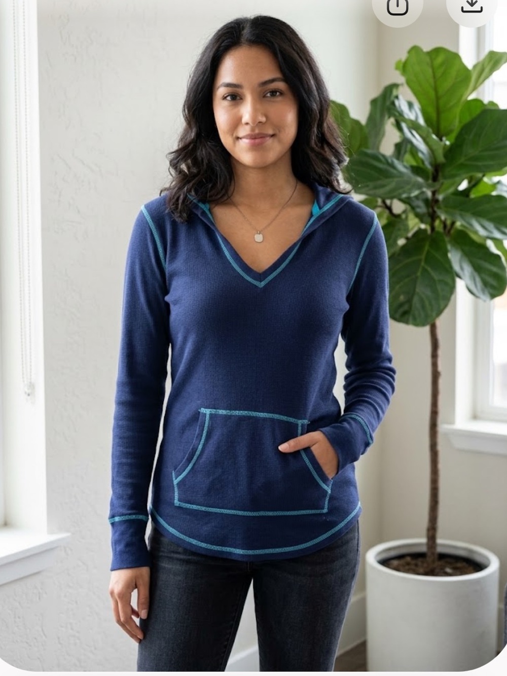 SO Intimates Navy Blue V-Neck Hoodie with Teal Contrast Trim Sz L